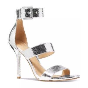 Michael Kors Women's Amal Metallic Snake Embossed Leather Sandal Silver, US 8 M